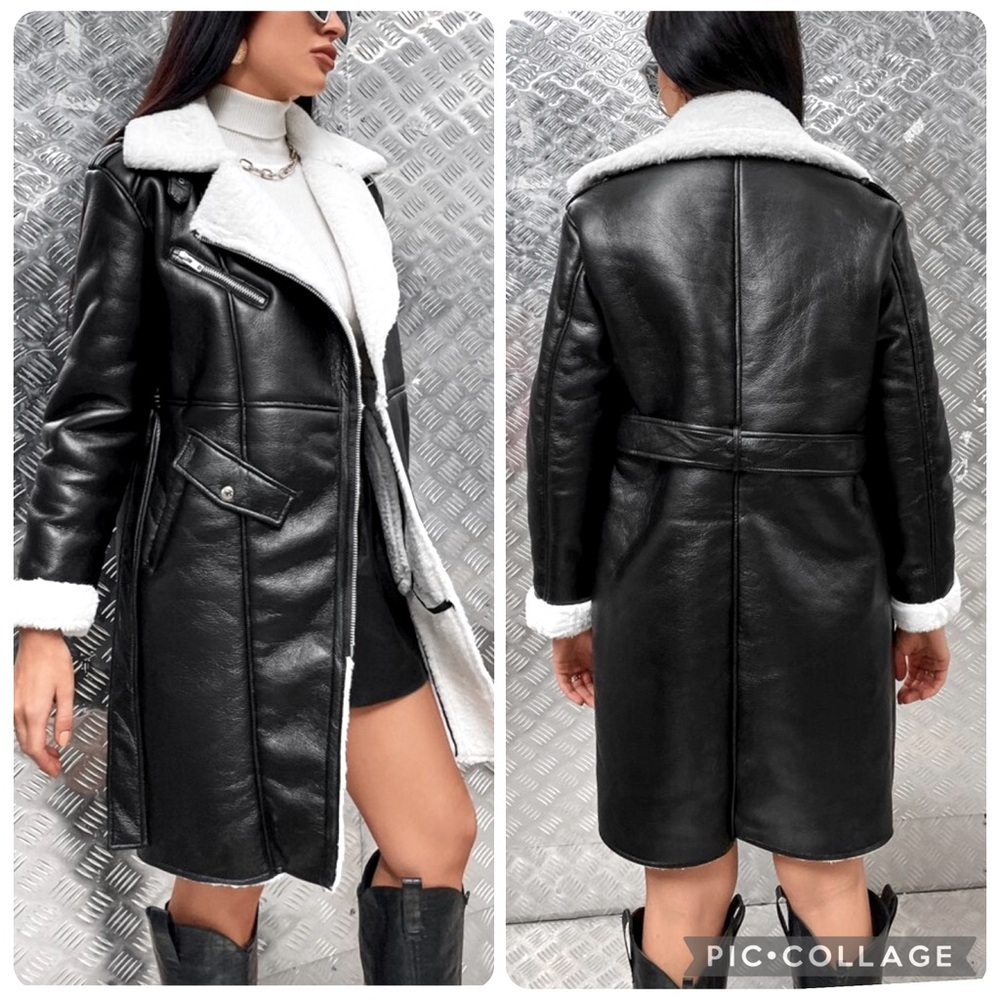 SHEIN BAE Black Belted Faux Leather Coat with Faux Sherpa lining Size L
